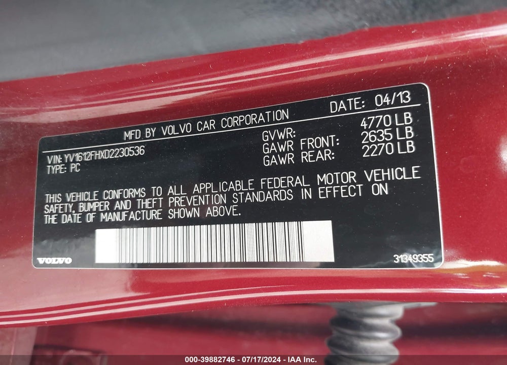 2013 VOLVO S60 T5/T5 PLATINUM/T5 PREMIER/T5 PREMIER PLUS VIN: YV1612FHXD2230536
