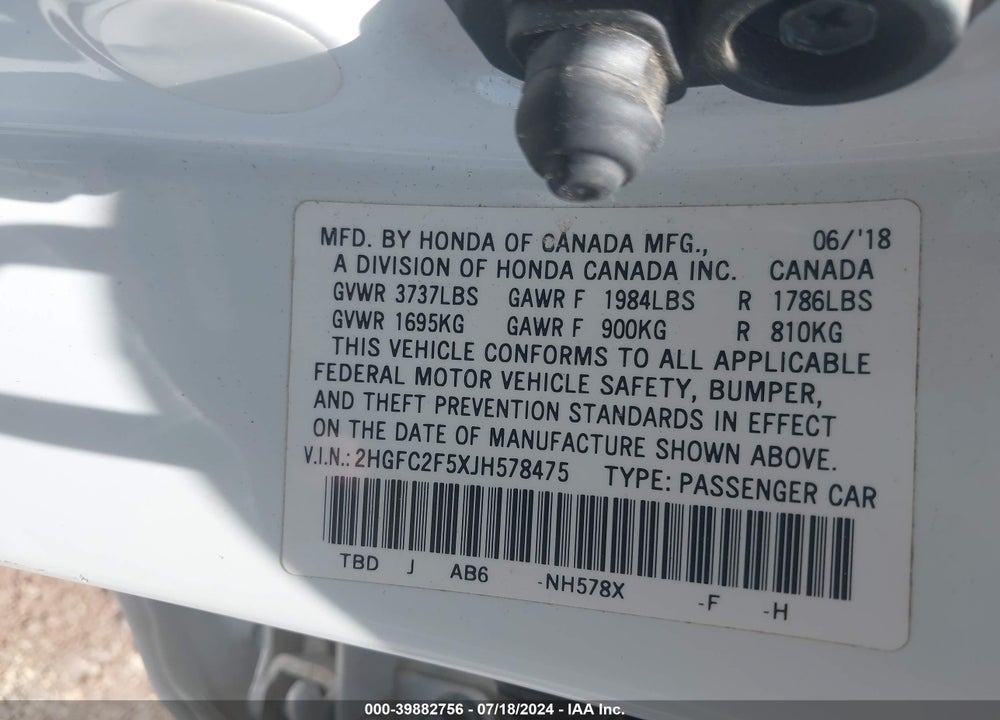 2018 HONDA CIVIC LX VIN: 2HGFC2F5XJH578475