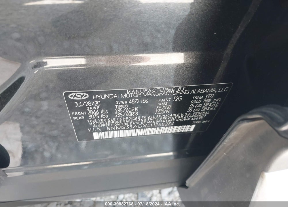 2020 HYUNDAI SANTA FE SEL VIN: 5NMS33ADXLH258274