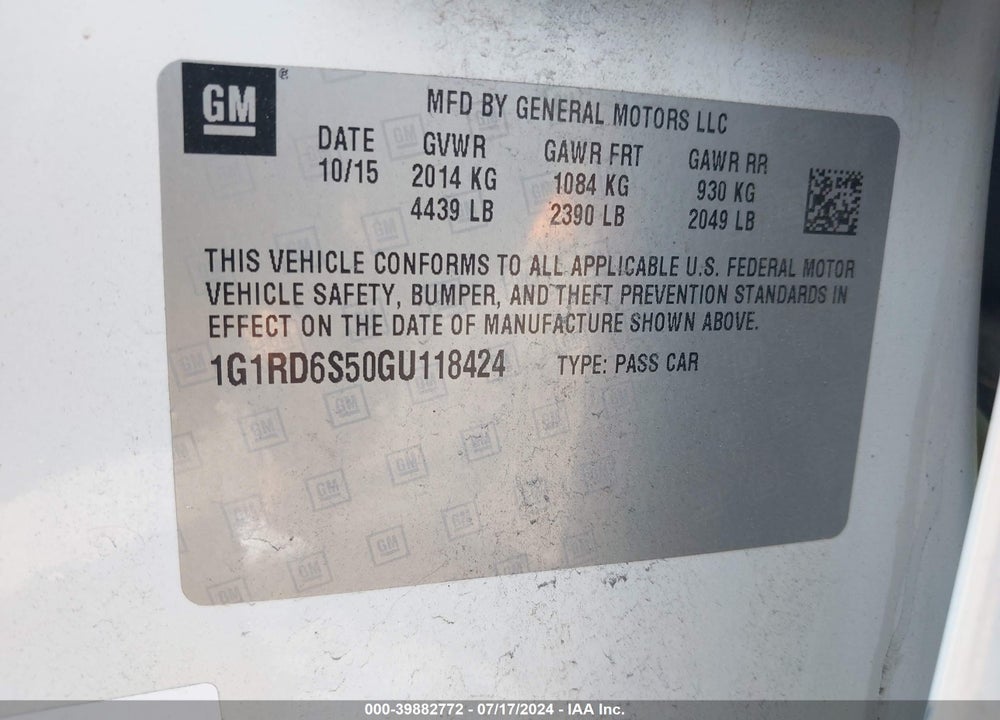 2016 CHEVROLET VOLT PREMIER VIN: 1G1RD6S50GU118424