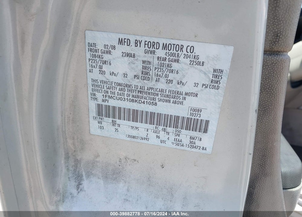 2008 FORD ESCAPE XLT VIN: 1FMCU03108KD41058