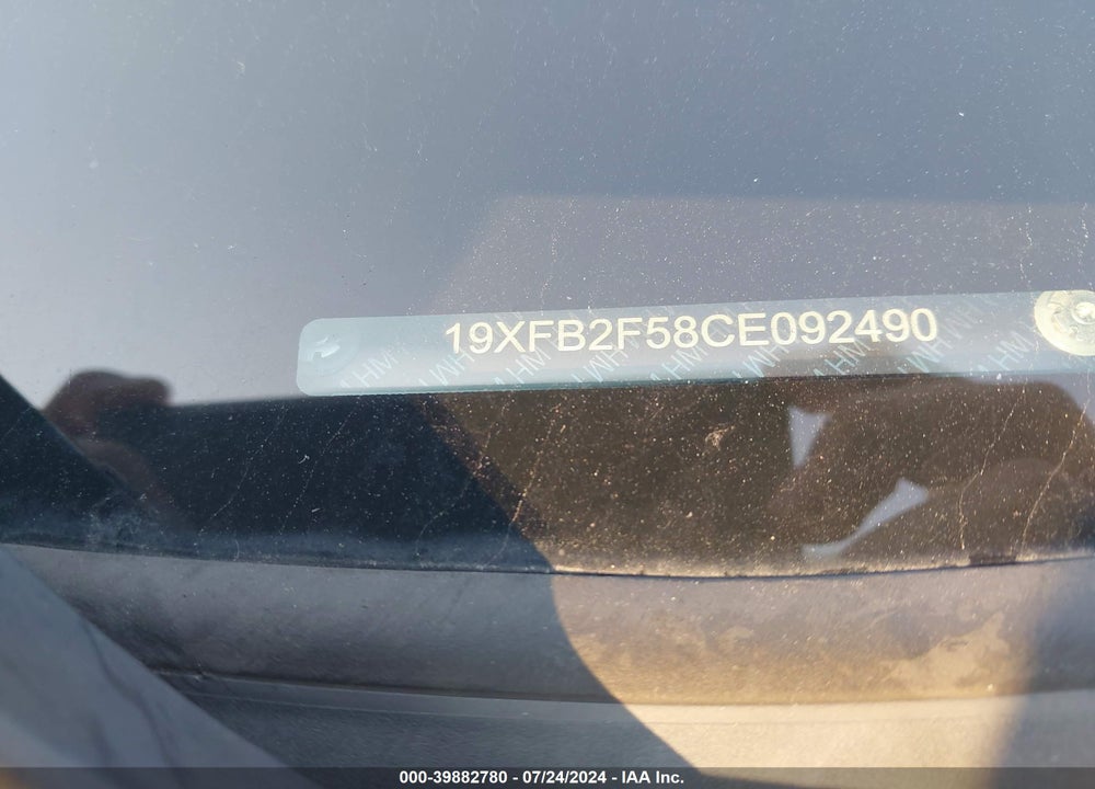 2012 HONDA CIVIC LX VIN: 19XFB2F58CE092490
