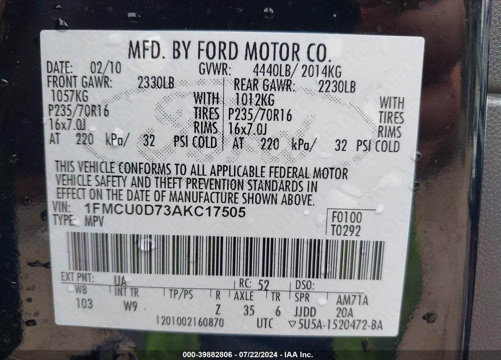 2010 FORD ESCAPE XLT VIN: 1FMCU0D73AKC17505