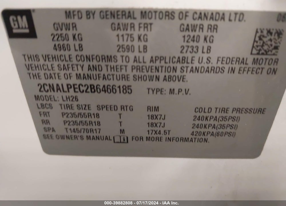 2011 CHEVROLET EQUINOX 2LT VIN: 2CNALPEC2B6466185