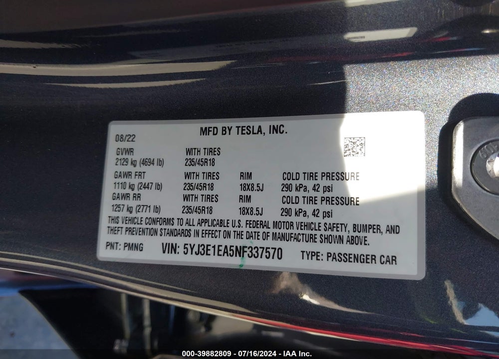 2022 TESLA MODEL 3 REAR-WHEEL DRIVE VIN: 5YJ3E1EA5NF337570