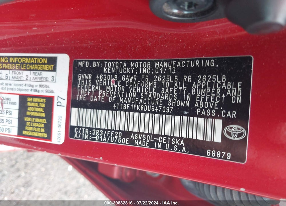 2013 TOYOTA CAMRY SE VIN: 4T1BF1FK8DU647097