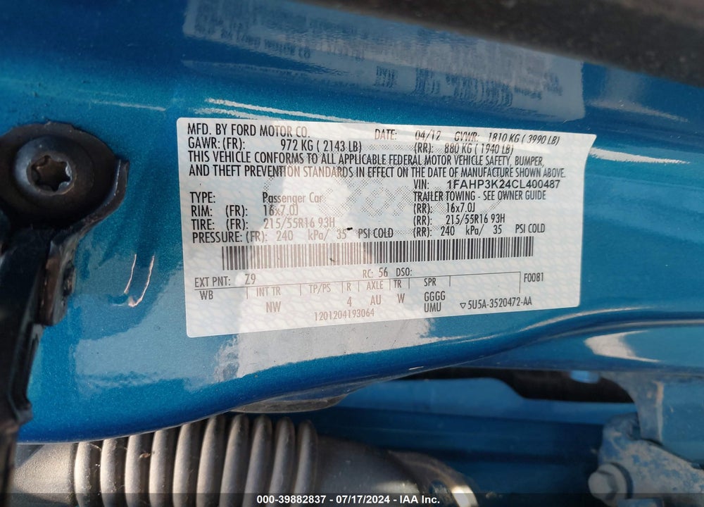 2012 FORD FOCUS VIN: 1FAHP3K24CL400487