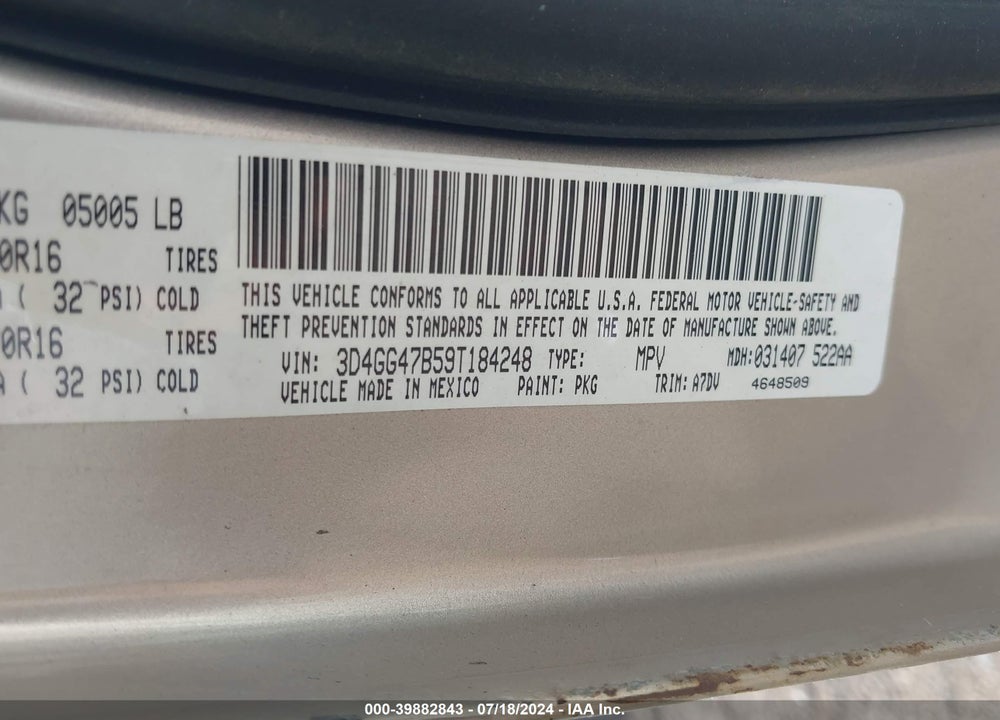 2009 DODGE JOURNEY SE VIN: 3D4GG47B59T184248