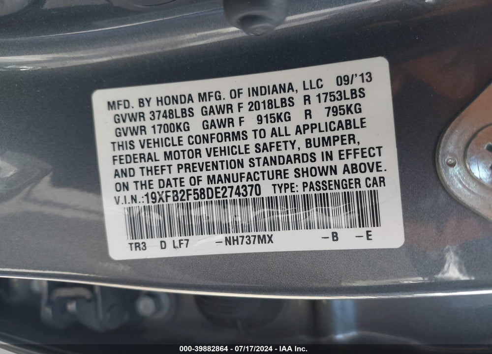 2013 HONDA CIVIC LX VIN: 19XFB2F58DE274370
