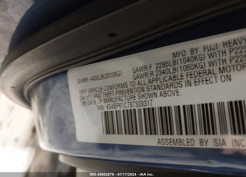 2008 SUBARU OUTBACK VIN: 4S4BP61C787309317