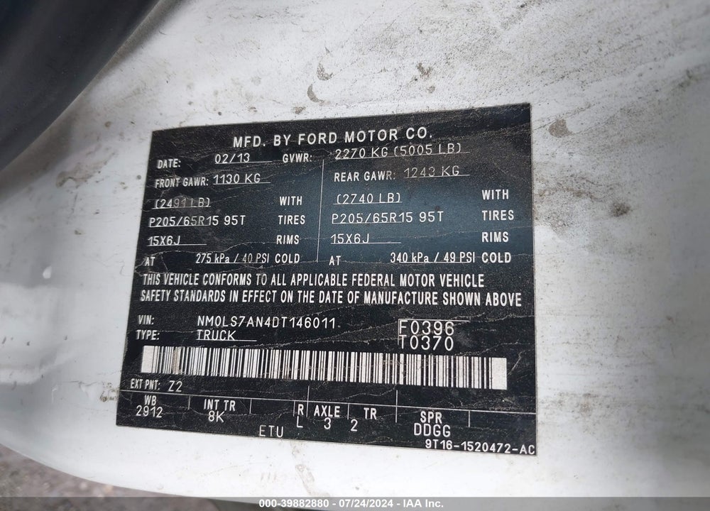 2013 FORD TRANSIT CONNECT XL VIN: NM0LS7AN4DT146011