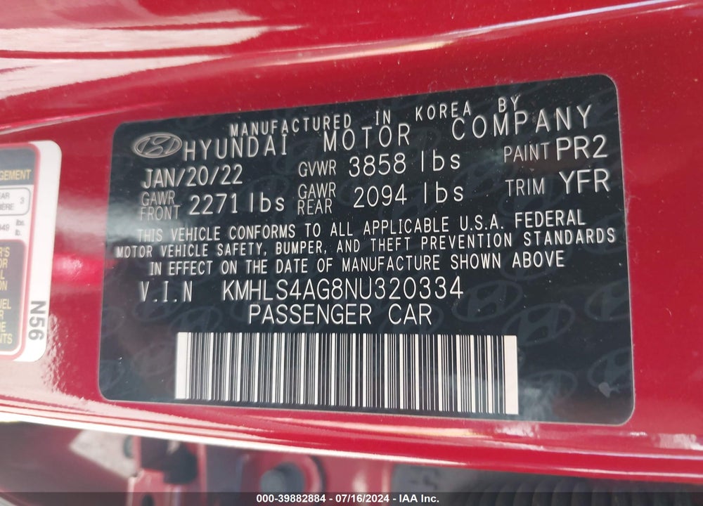 2022 HYUNDAI ELANTRA SEL VIN: KMHLS4AG8NU320334