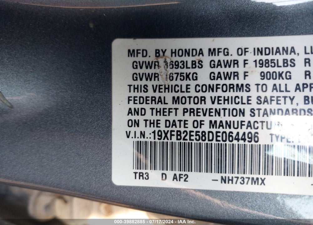 2013 HONDA CIVIC LX VIN: 19XFB2E58DE064496