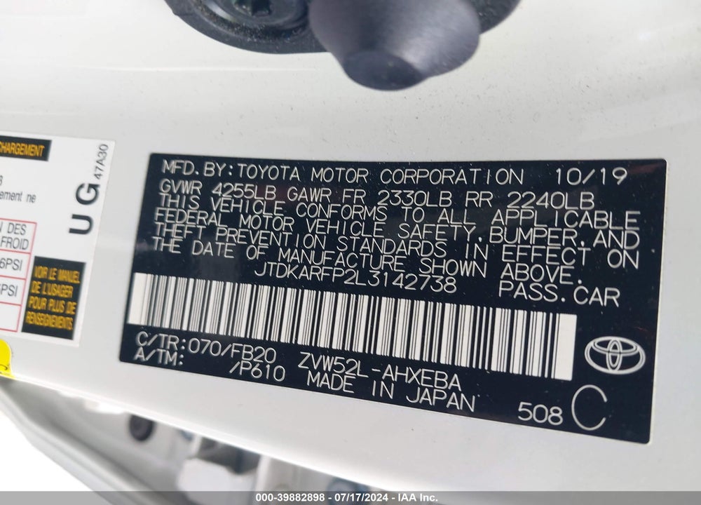 2020 TOYOTA PRIUS PRIME LE VIN: JTDKARFP2L3142738