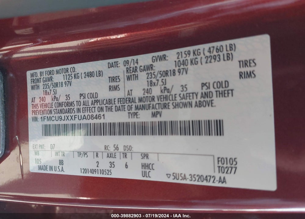 2015 FORD ESCAPE TITANIUM VIN: 1FMCU9JXXFUA08461