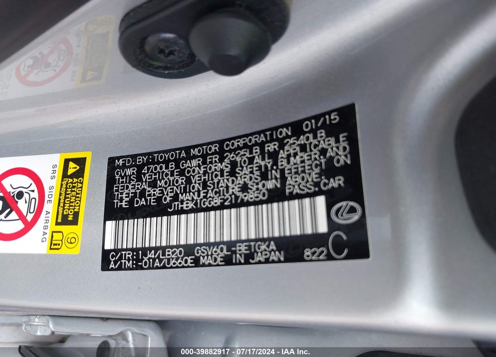 2015 LEXUS ES 350 VIN: JTHBK1GG8F2179850