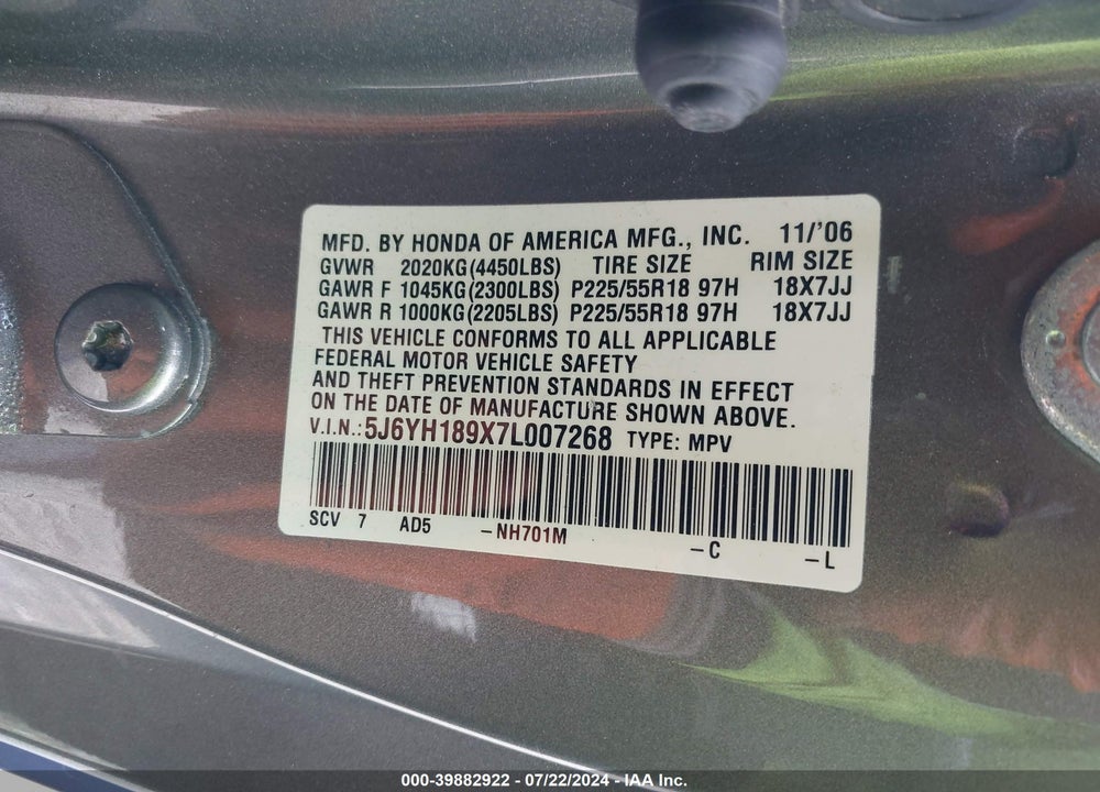 2007 HONDA ELEMENT SC VIN: 5J6YH189X7L007268