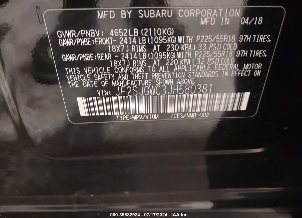 2018 SUBARU FORESTER 2.0XT TOURING VIN: JF2SJGWC3JH580381