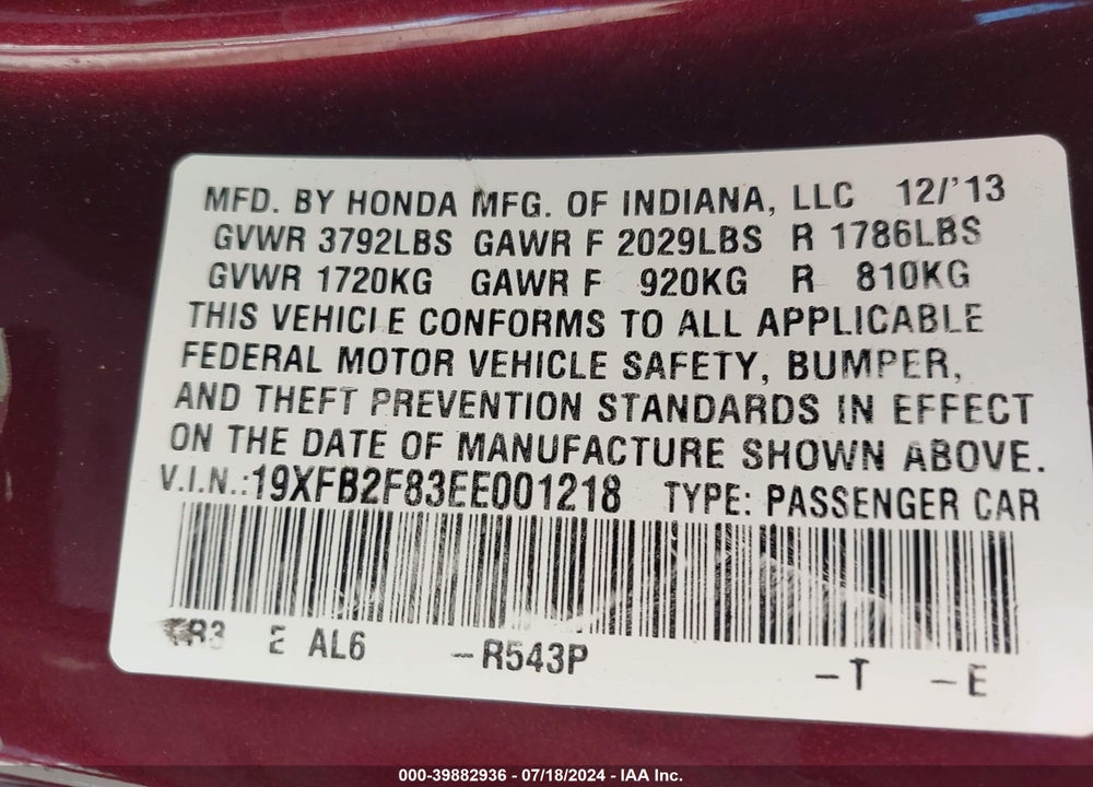 2014 HONDA CIVIC EX VIN: 19XFB2F83EE001218
