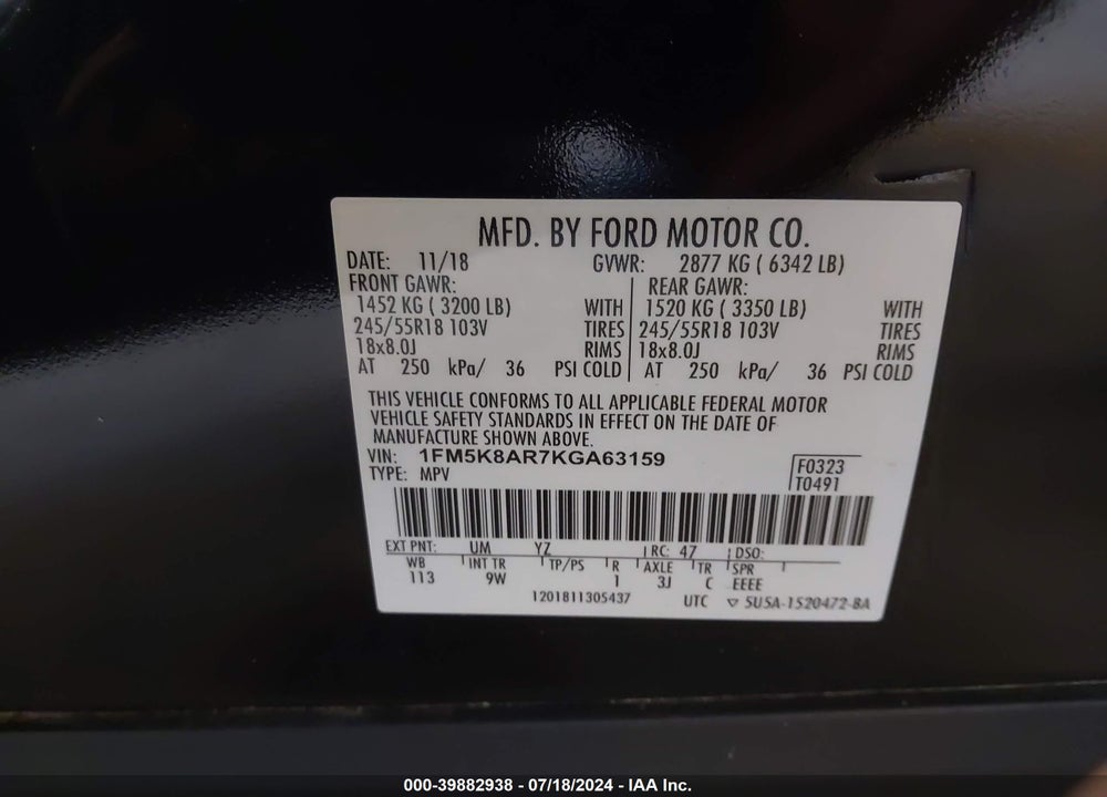 2019 FORD POLICE INTERCEPTOR UTILITY VIN: 1FM5K8AR7KGA63159