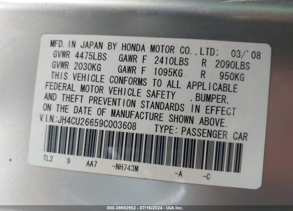 2009 ACURA TSX VIN: JH4CU26659C003608