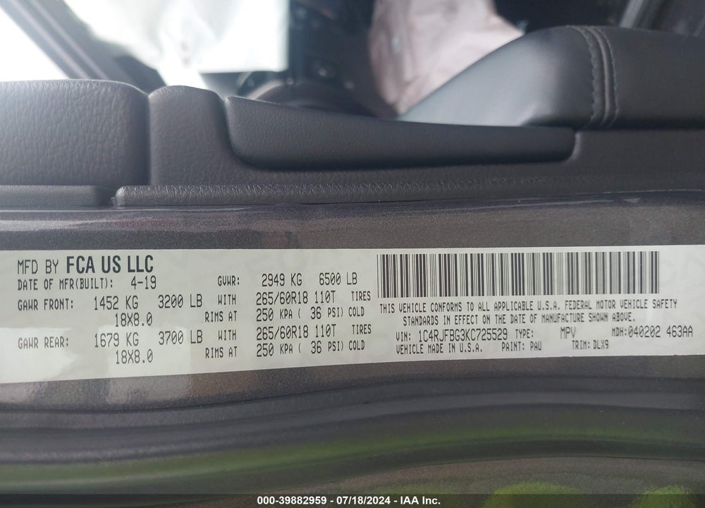 2019 JEEP GRAND CHEROKEE LIMITED 4X4 VIN: 1C4RJFBG3KC725529