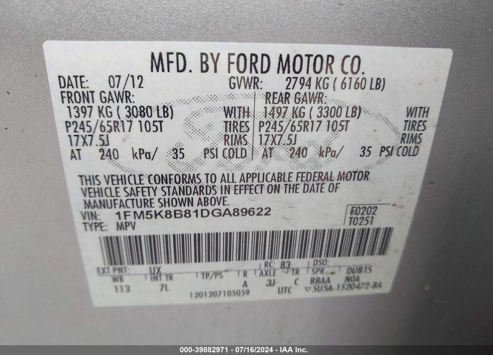 2013 FORD EXPLORER VIN: 1FM5K8B81DGA89622