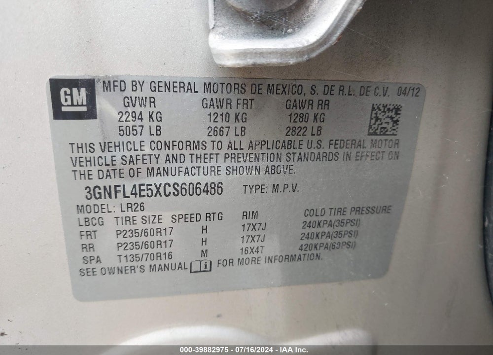 2012 CHEVROLET CAPTIVA SPORT LTZ VIN: 3GNFL4E5XCS606486