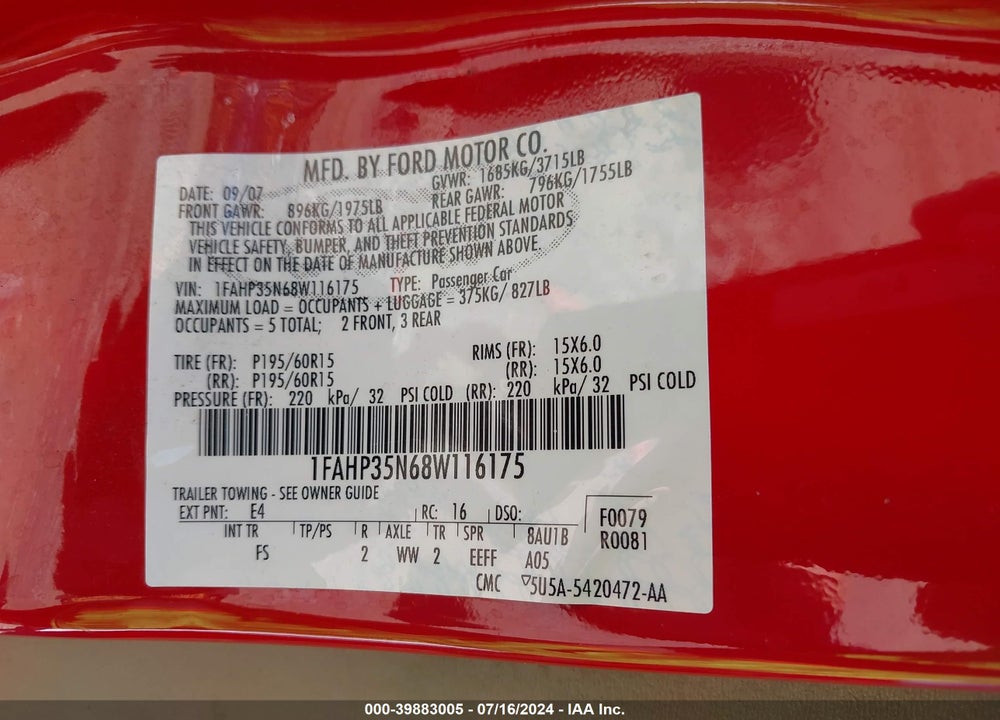 2008 FORD FOCUS SE/SES VIN: 1FAHP35N68W116175