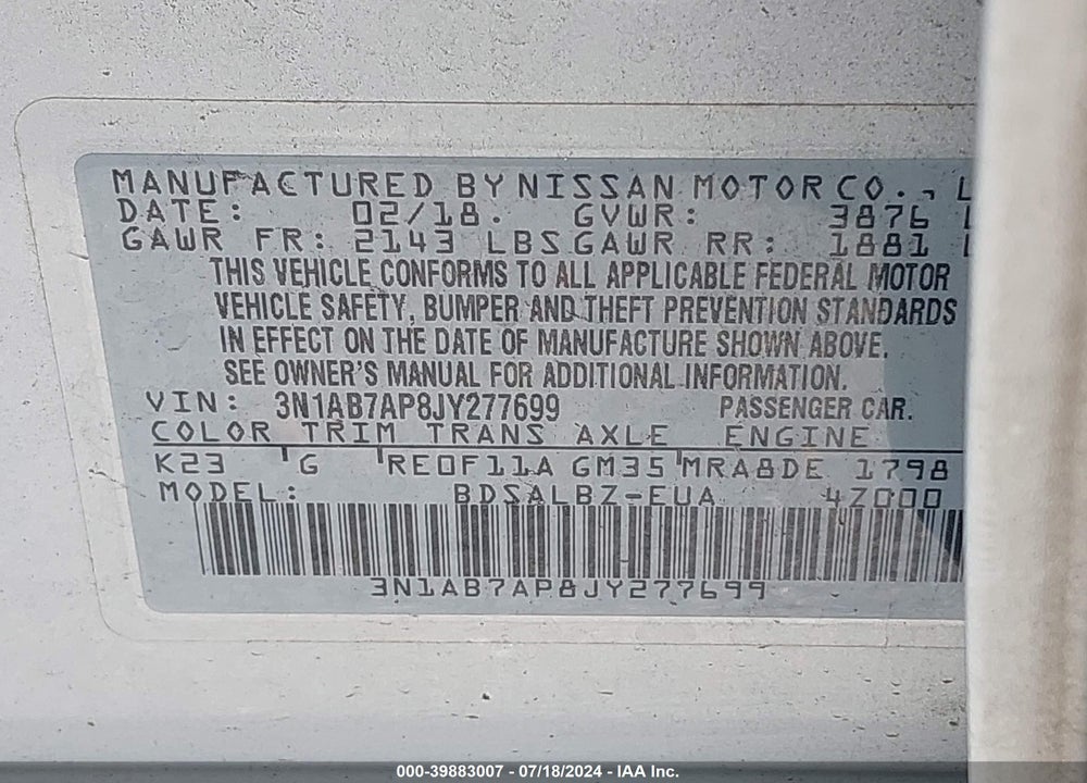 2018 NISSAN SENTRA S VIN: 3N1AB7AP8JY277699