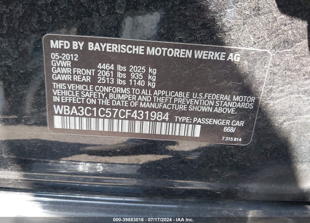 2012 BMW 328I VIN: WBA3C1C57CF431984