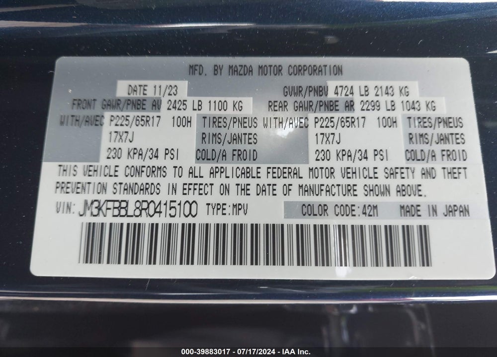 2024 MAZDA CX-5 2.5 S SELECT VIN: JM3KFBBL8R0415100