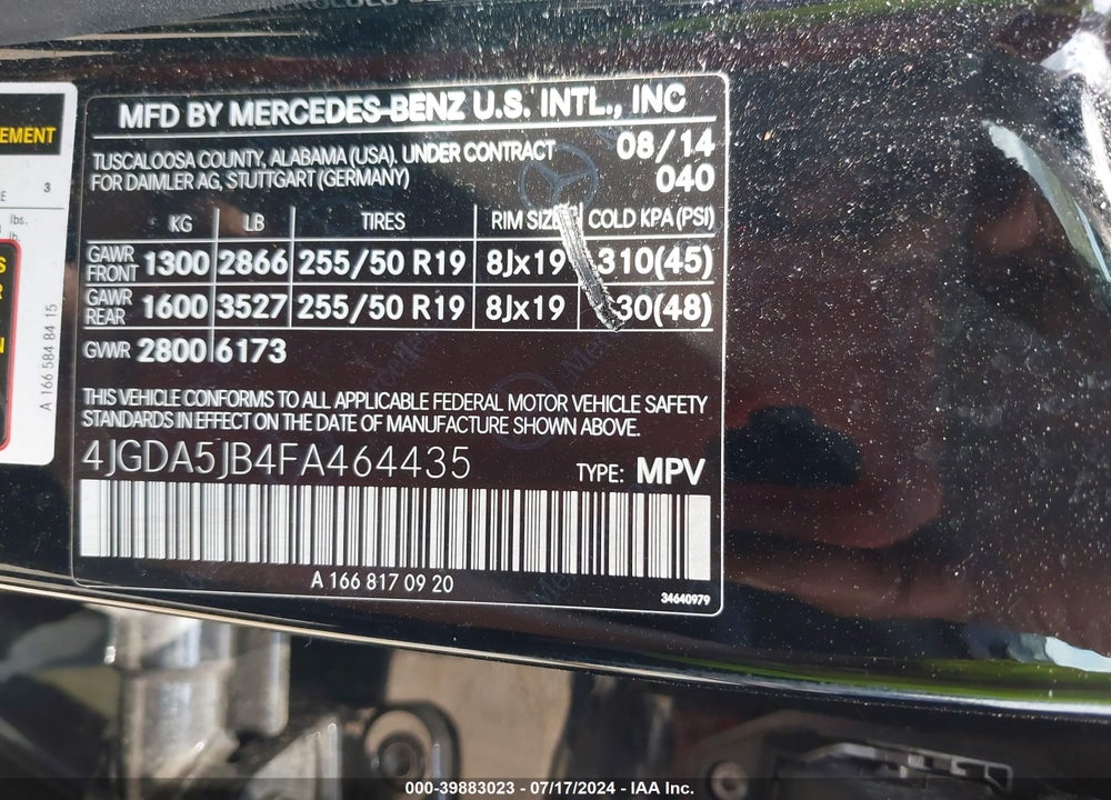 2015 MERCEDES-BENZ ML 350 VIN: 4JGDA5JB4FA464435
