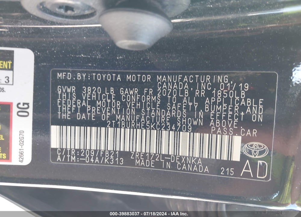 2019 TOYOTA COROLLA LE VIN: 2T1BURHE5KC234709