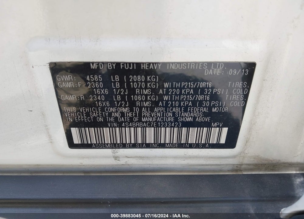 2014 SUBARU OUTBACK 2.5I VIN: 4S4BRBAC7E1233423