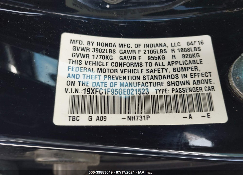 2016 HONDA CIVIC TOURING VIN: 19XFC1F95GE021523