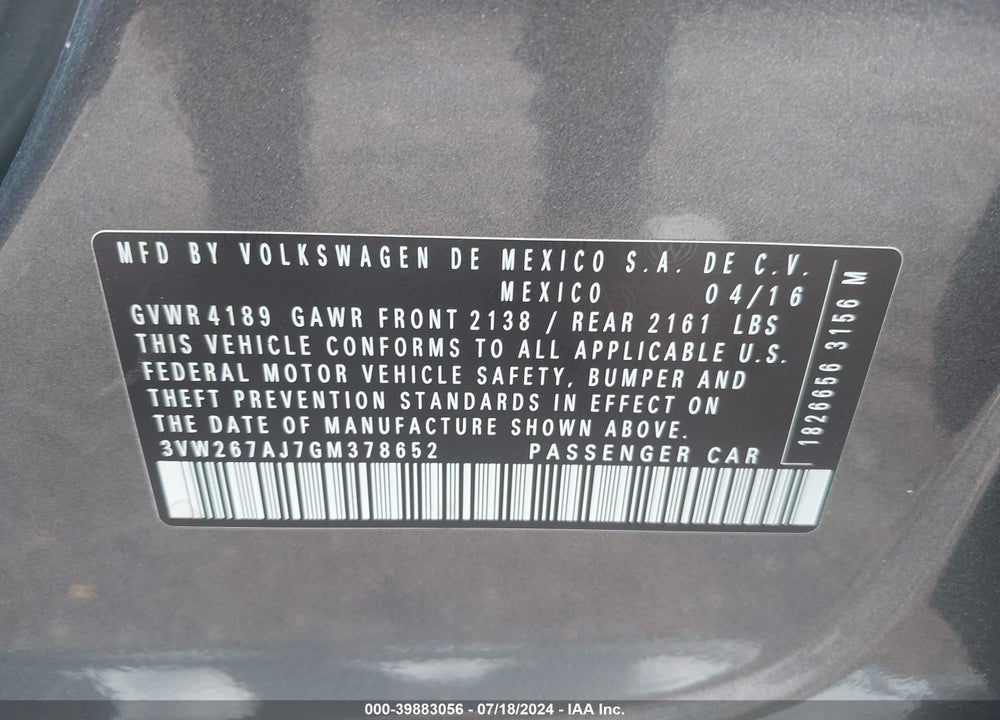 2016 VOLKSWAGEN JETTA 1.4T S VIN: 3VW267AJ7GM378652