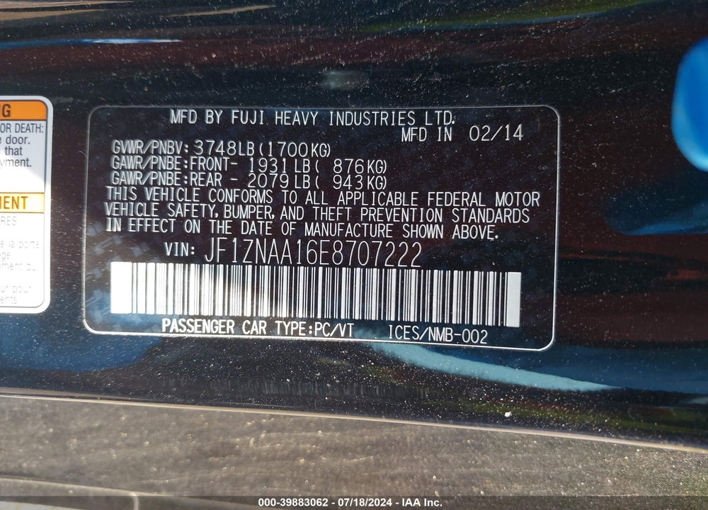 2014 SCION FR-S VIN: JF1ZNAA16E8707222