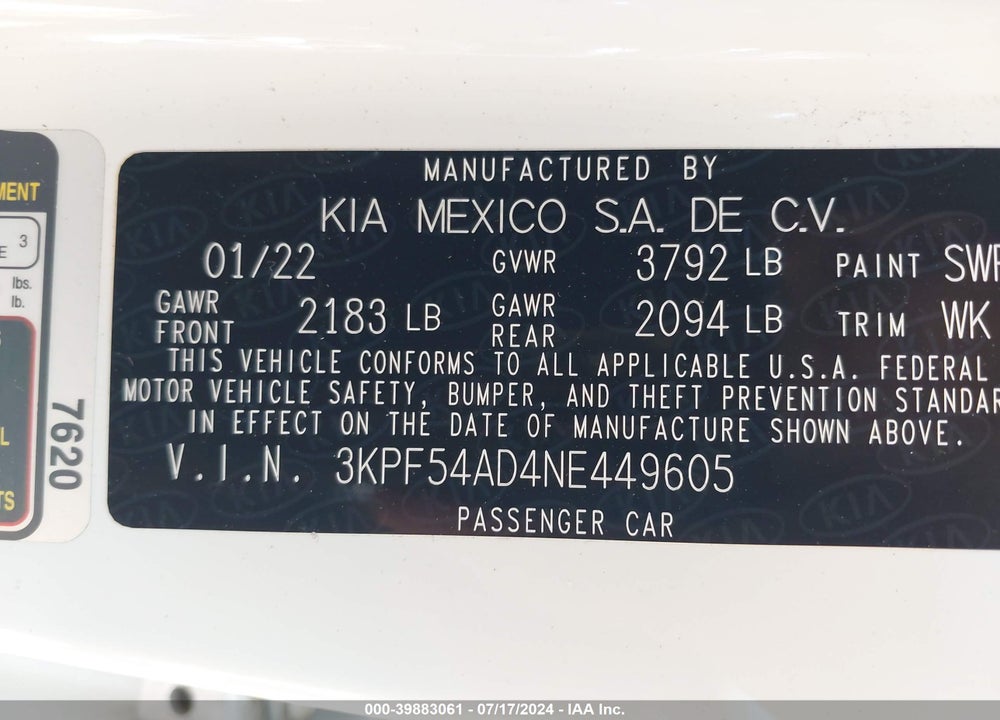 2022 KIA FORTE GT LINE VIN: 3KPF54AD4NE449605