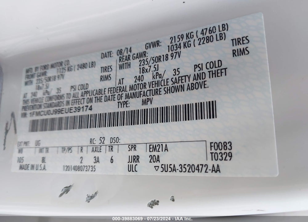 2014 FORD ESCAPE TITANIUM VIN: 1FMCU0J99EUE39174