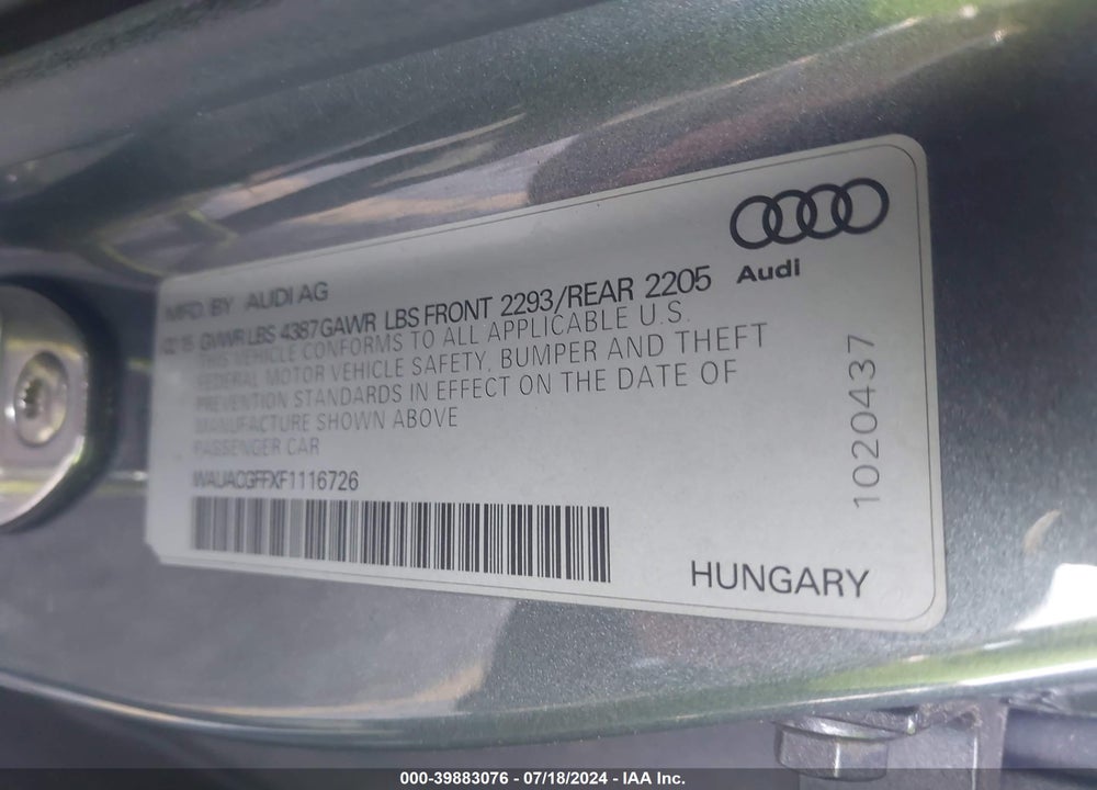 2015 AUDI A3 VIN: WAUACGFFXF1116726