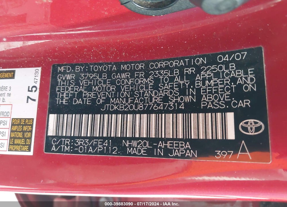 2007 TOYOTA PRIUS VIN: JTDKB20U877647314