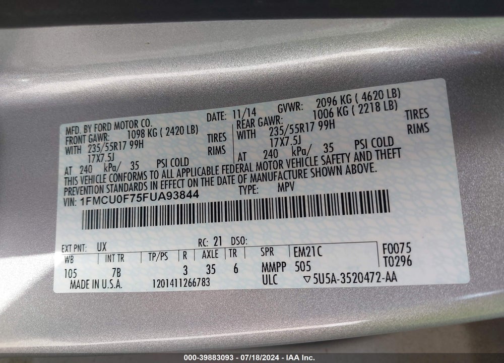 2015 FORD ESCAPE S VIN: 1FMCU0F75FUA93844