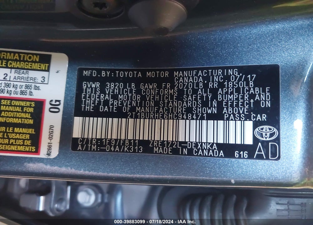 2017 TOYOTA COROLLA VIN: 2T1BURHE6HC948471