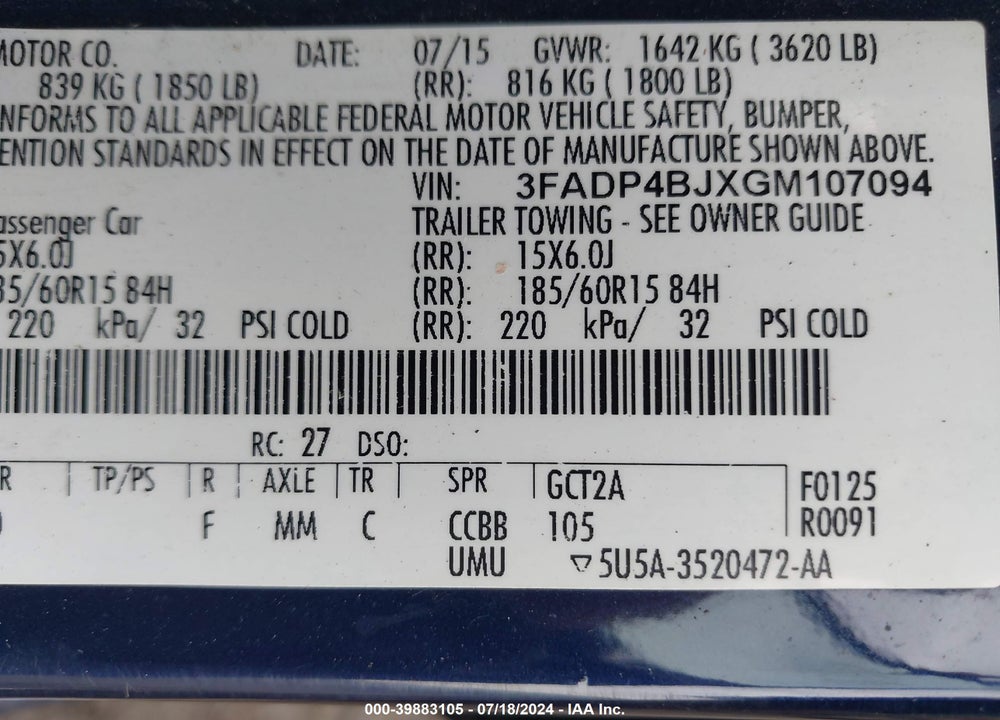2016 FORD FIESTA SE VIN: 3FADP4BJXGM107094