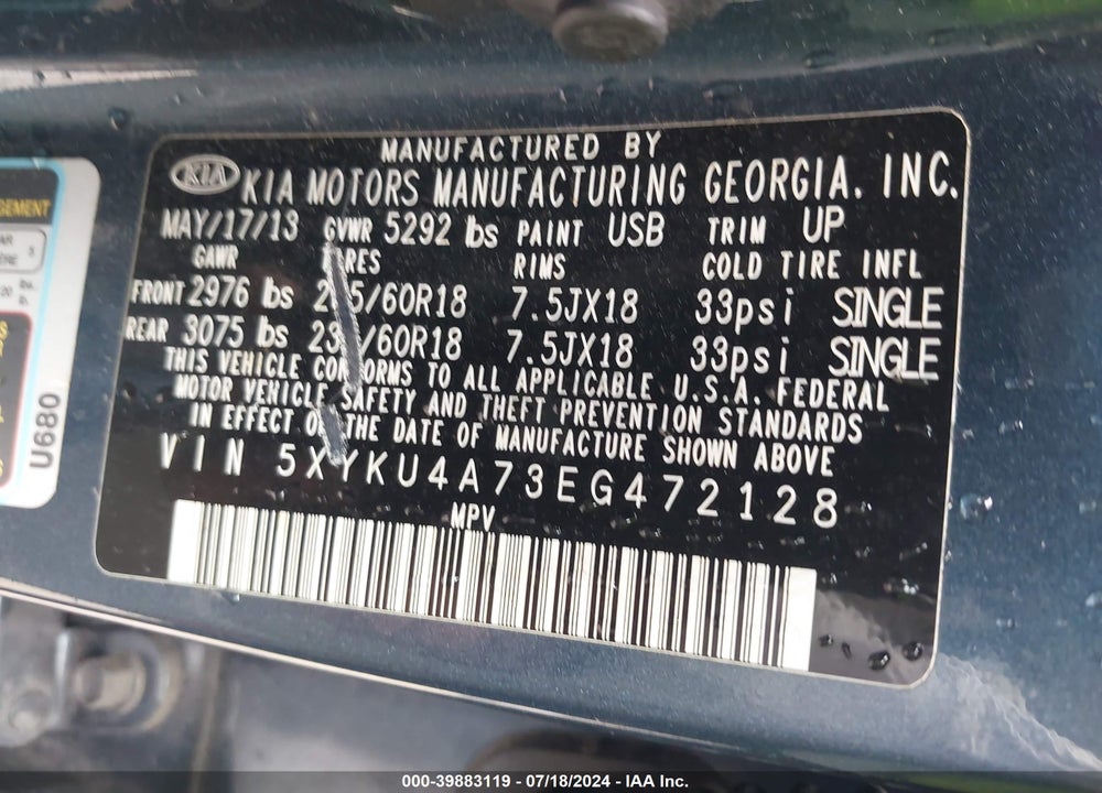 2014 KIA SORENTO EX V6 VIN: 5XYKU4A73EG472128