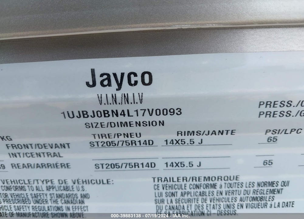 2020 JAYCO JAY FLIGHT 264BH VIN: 1UJBJ0BN4L17V0093