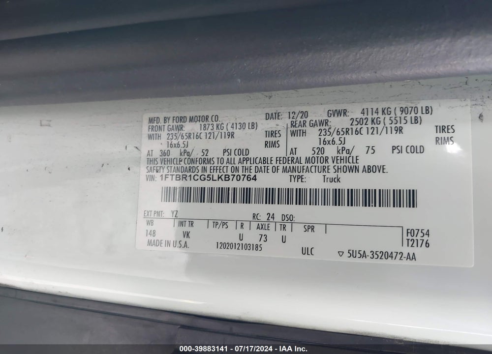 2020 FORD TRANSIT-250 VIN: 1FTBR1CG5LKB70764