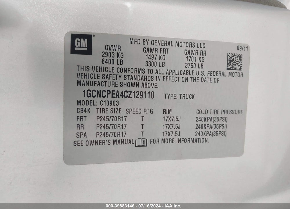 2012 CHEVROLET SILVERADO 1500 WORK TRUCK VIN: 1GCNCPEA4CZ129110