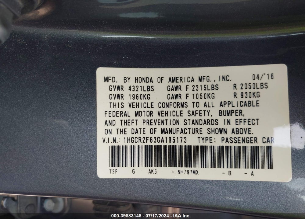 2016 HONDA ACCORD EX-L VIN: 1HGCR2F83GA195173